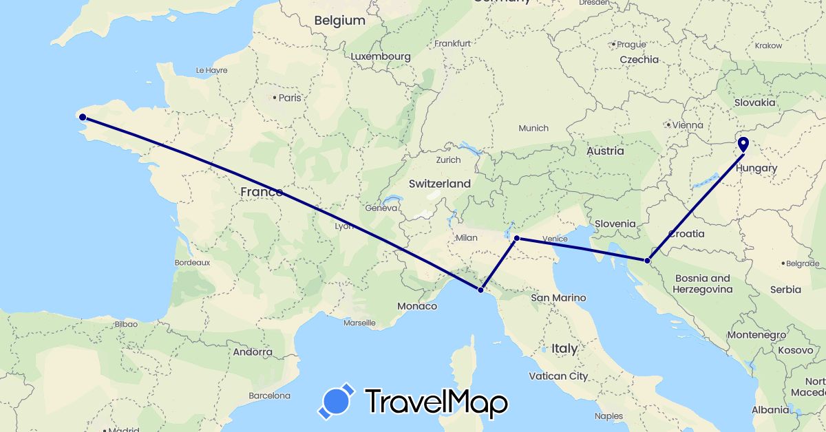 TravelMap itinerary: driving in France, Croatia, Hungary, Italy (Europe)